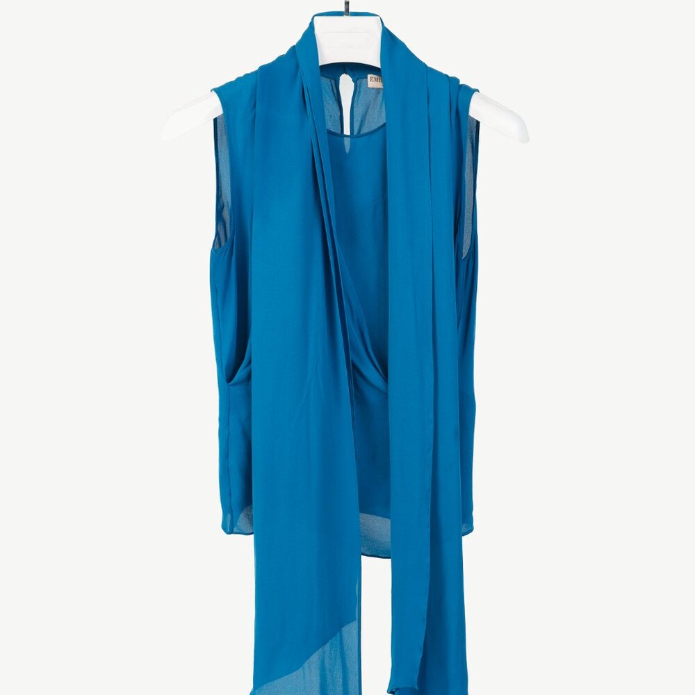 Emilio Pucci Teal Blue Sleeveless Draped Silk Blouse